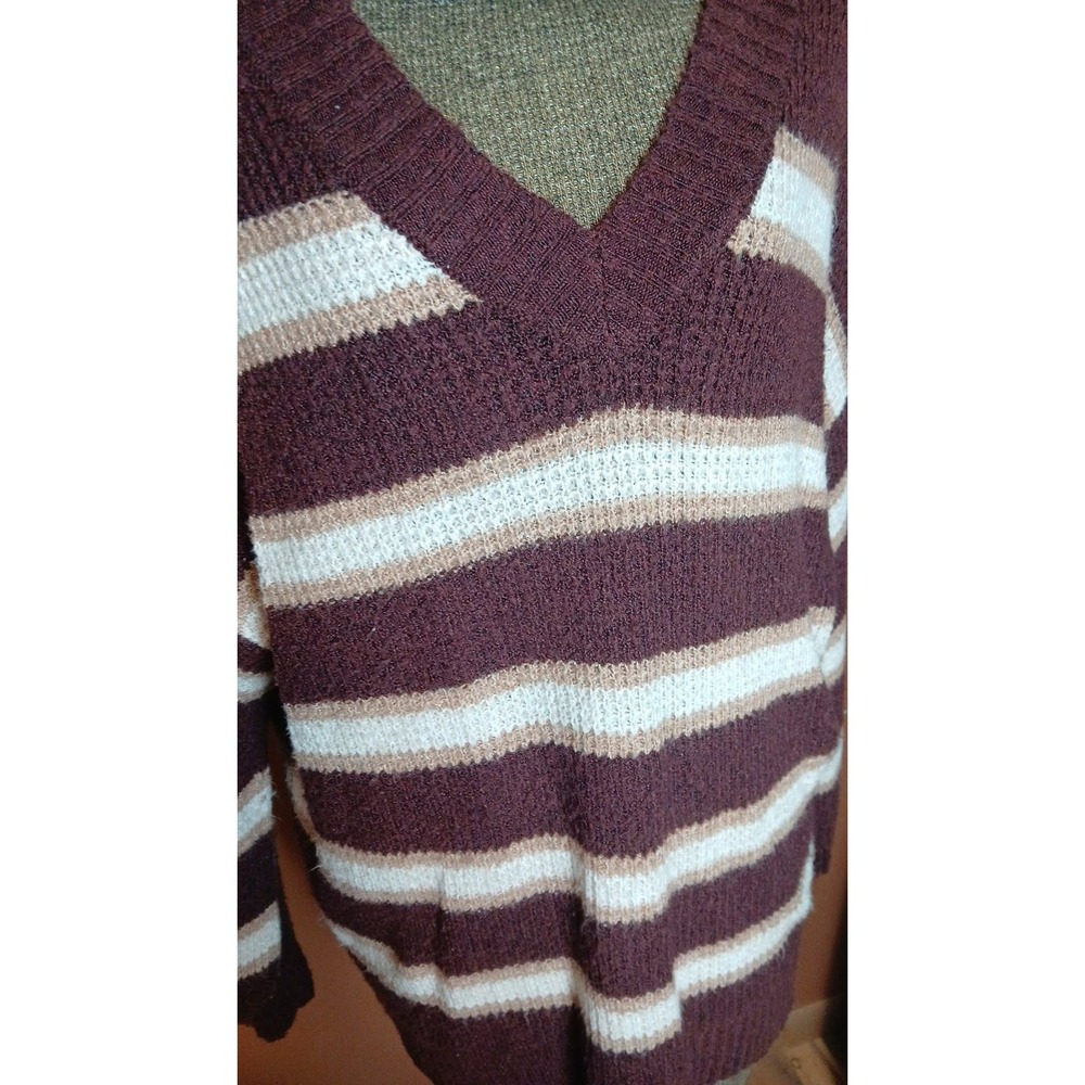 American Eagle Wine Burgundy Pink Striped V-Neck Oversized Knit Sweater Large